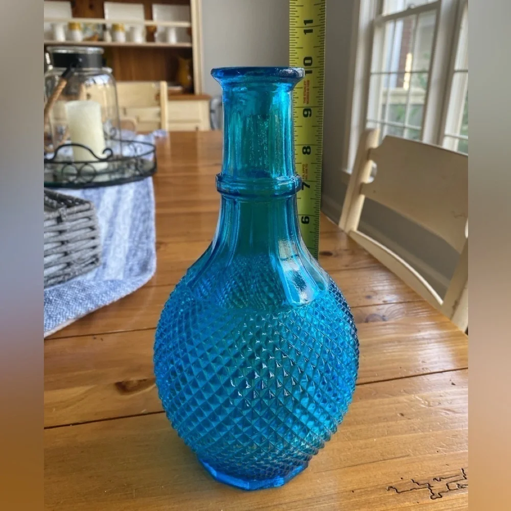 Blue Glass Diamond Point Cut Hobnail Glass Decanter No Cover